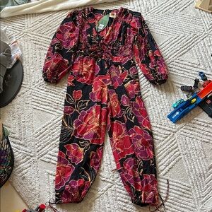 NWT Farm Rio shiny Chita black long sleeve neckline Jumpsuit